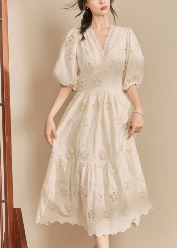 Style Beige V Neck Wrinkled Hollow Out Long Dress Summer