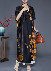 Style Black Asymmetrical Design Print Silk Long Dress Summer