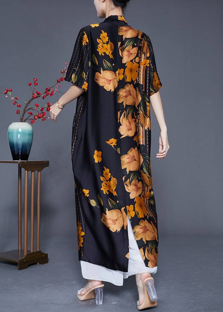 Style Black Asymmetrical Design Print Silk Long Dress Summer