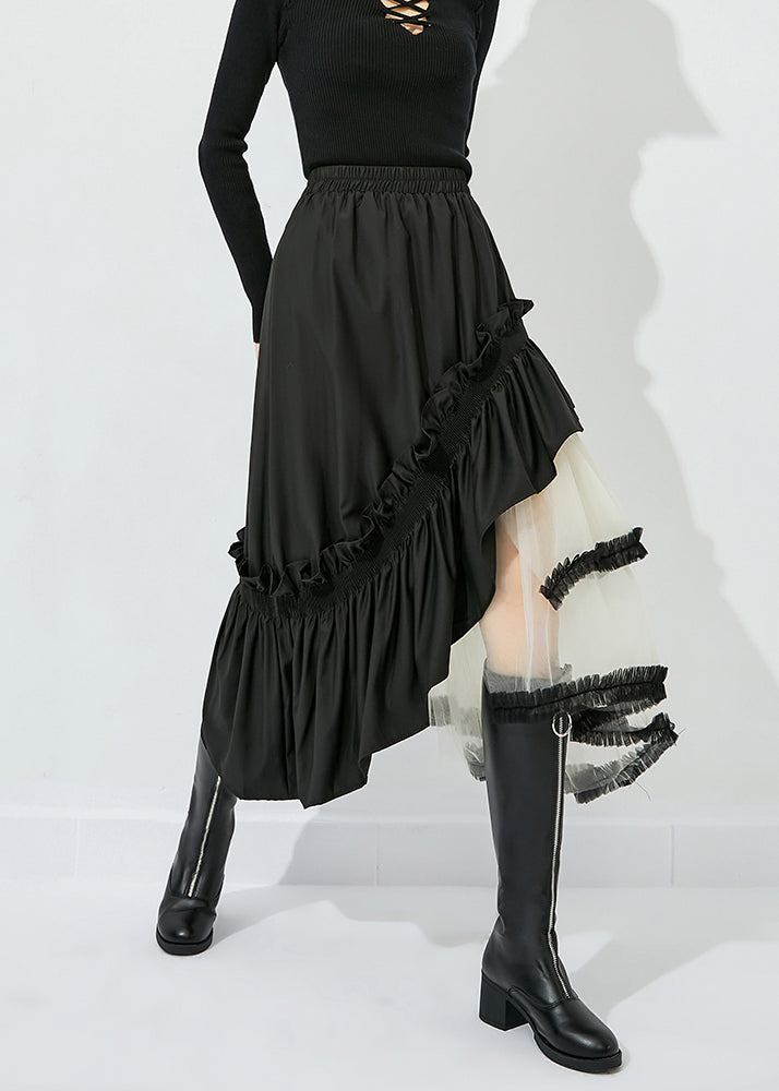 Style Black Asymmetrical Design Tulle Patchwork Ruffled Cotton Skirts Summer