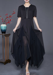 Style Black Asymmetrical Patchwork Exra Large Hem Chiffon Dress Summer