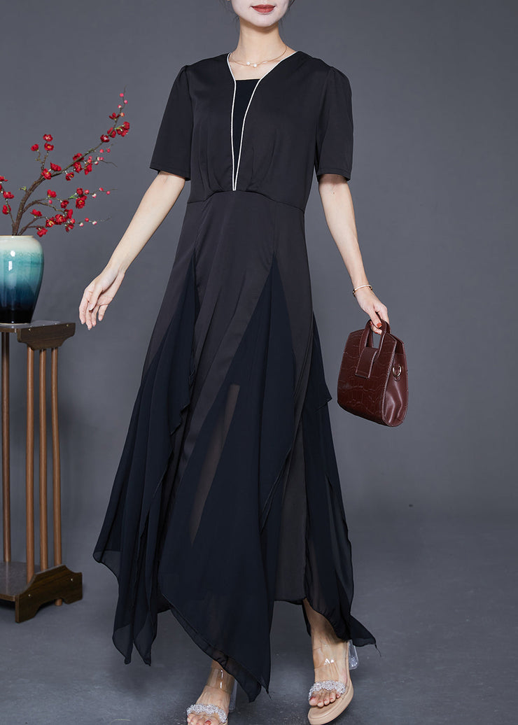 Style Black Asymmetrical Patchwork Exra Large Hem Chiffon Dress Summer