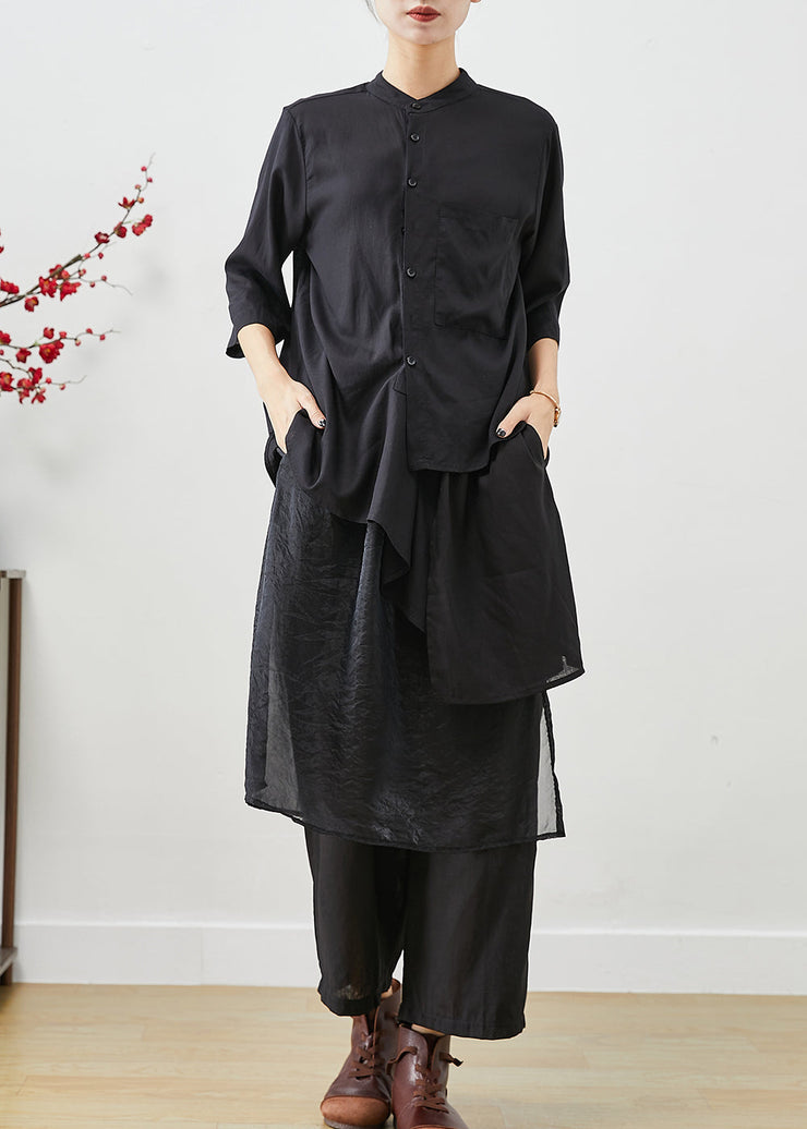 Style Black Asymmetrical Patchwork Linen Silk Two Pieces Set Fall