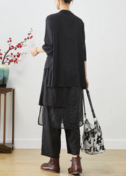 Style Black Asymmetrical Patchwork Linen Silk Two Pieces Set Fall