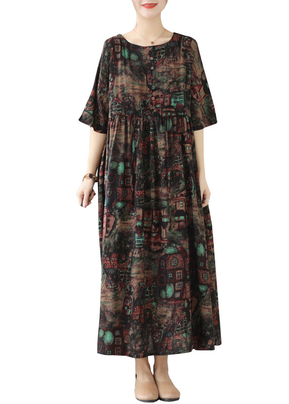 Style Black Cinched Print Linen Maxi Dresses Summer