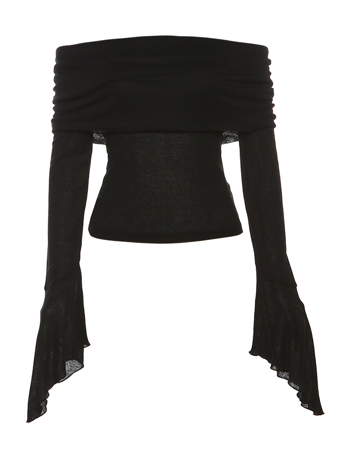 Style Black Cold Shoulder Cotton Blouse Top Long Sleeve