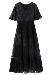 Style Black Cold Shoulder Patchwork Exra Large Hem Silk Long Dress Cloak Sleeves