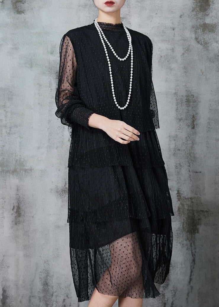 Style Black Dot Hollow Out Tulle Long Dresses Summer