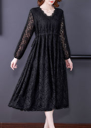 Style Black Elastic Waist Hollow Out Lace Dresses Spring