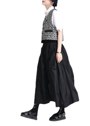 Style Black Elastic Waist Oversized Wrinkled Cotton A Line Skirts