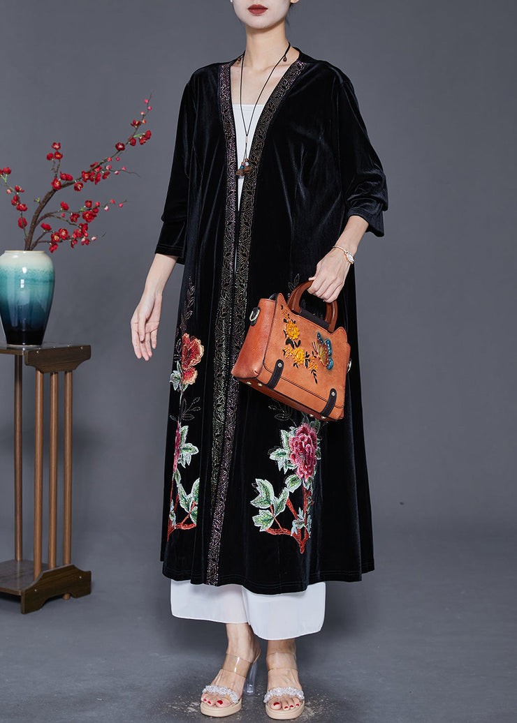 Style Black Embroidered Oversized Silk Velour Long Cardigan Fall