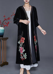 Style Black Embroidered Oversized Silk Velour Long Cardigan Fall