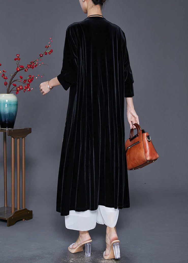 Style Black Embroidered Oversized Silk Velour Long Cardigan Fall