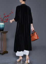 Style Black Embroideried Oversized Silk Velour Long Cardigan Fall