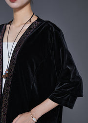 Style Black Embroidered Oversized Silk Velour Long Cardigan Fall