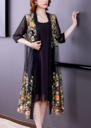 Style Black Embroideried Patchwork False Two Pieces Tulle Cardigans Dresses Summer