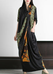 Style Black Green Pockets Print Wrinkled Patchwork Silk Long Dresses Summer