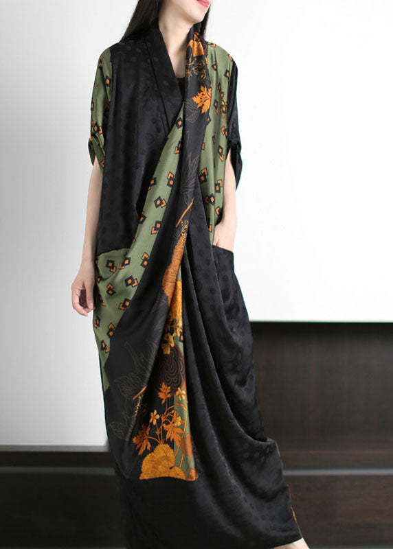 Style Black Green Pockets Print Wrinkled Patchwork Silk Long Dresses Summer