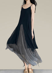 Style Black Grey Asymmetrical Patchwork Spaghetti Strap Dress Sleeveless