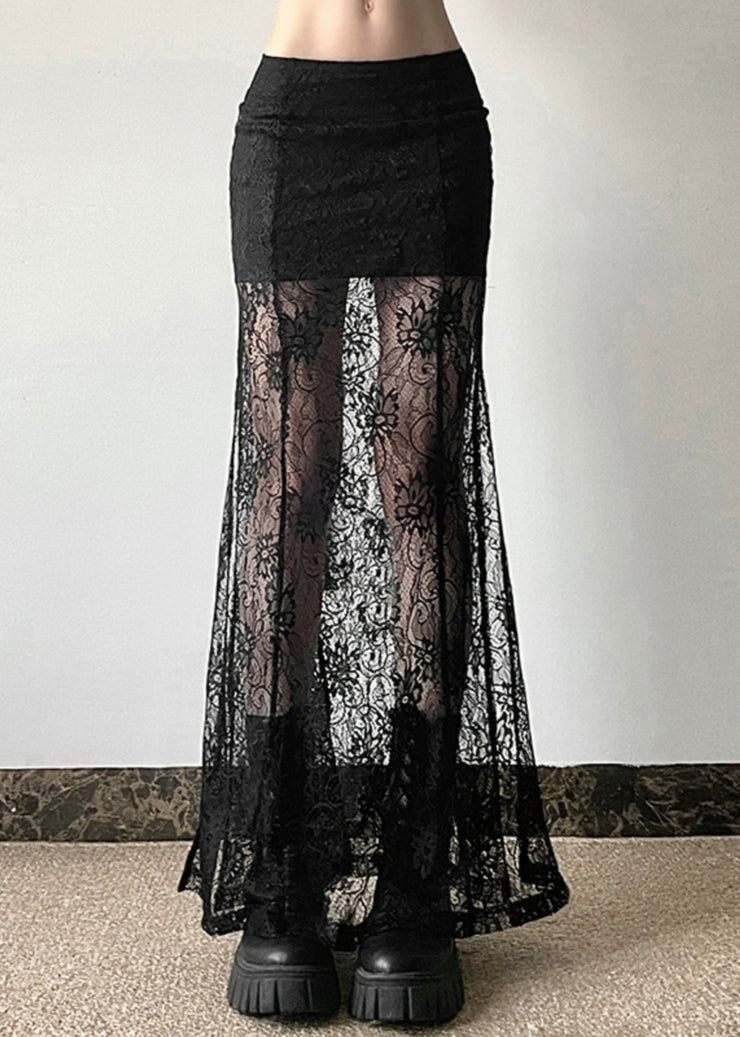 Style Black High Waist Lace Patchwork Maxi Skirts