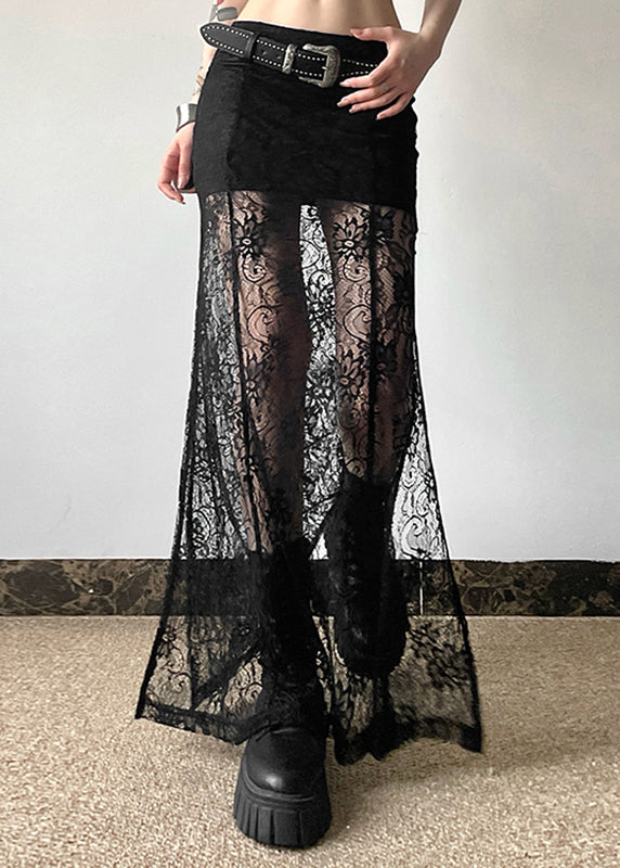 Style Black High Waist Lace Patchwork Maxi Skirts