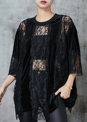 Style Black Hollow Out Patchwork Lace Shirts Summer