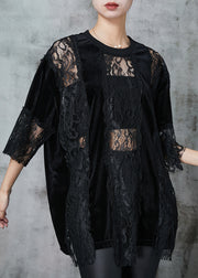Style Black Hollow Out Patchwork Lace Shirts Summer