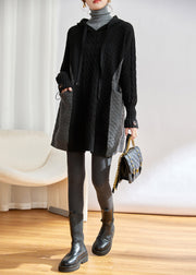 Style Black Hooded Patchwork Knit Pullover Dress Winter