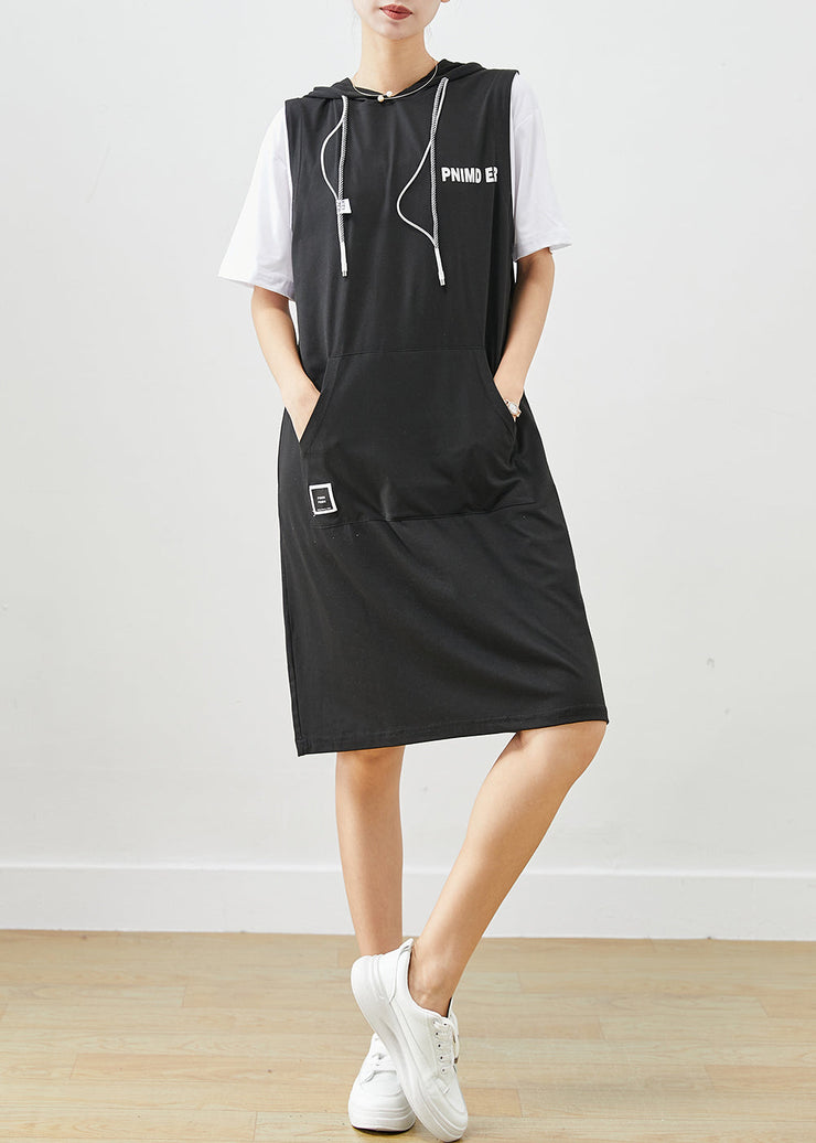 Style Black Hooded Patchwork Pockets Cotton Sweatshirt Dress Summer