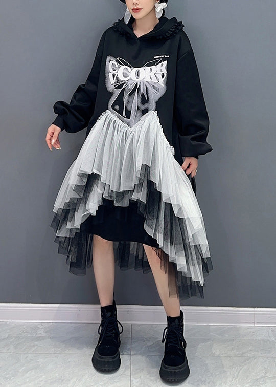 Style Black Hooded Wrinkled Asymmetrical Tulle Patchwork Cotton Dresses Fall