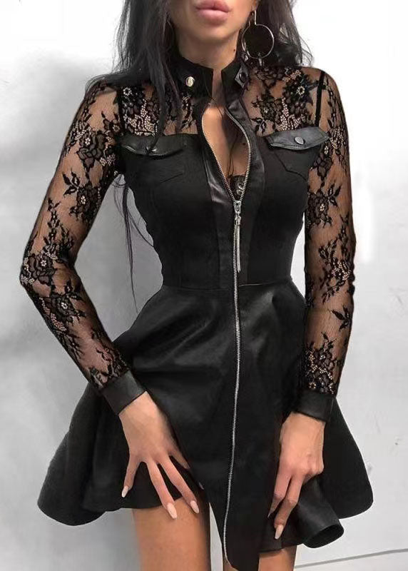 Style Black Lace Zip Up Patchwork Faux Leather Mid Dress Long Sleeve