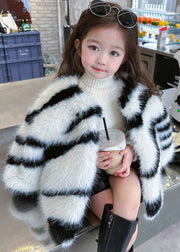 Style Black O-Neck Black White Striped Kids Mink Hair Coats Winter