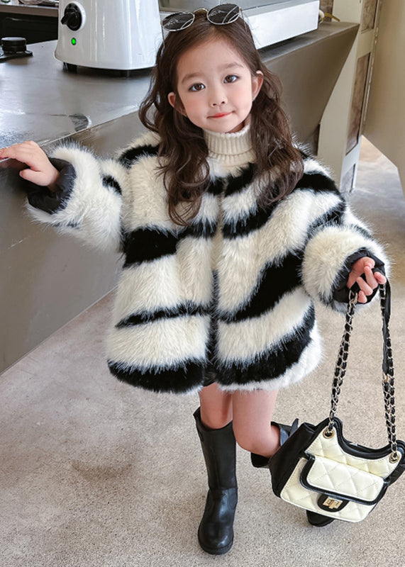 Style Black O-Neck Black White Striped Kids Mink Hair Coats Winter