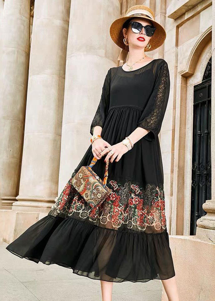 Style Black O Neck Embroideried Patchwork Silk Dress Bracelet Sleeve