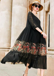 Style Black O Neck Embroideried Patchwork Silk Dress Bracelet Sleeve