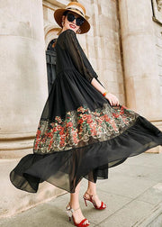 Style Black O Neck Embroideried Patchwork Silk Dress Bracelet Sleeve