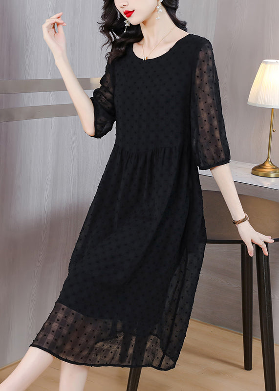 Style Black O Neck Jacquard Chiffon Long Dresses Lantern Sleeve