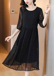 Style Black O Neck Jacquard Chiffon Long Dresses Lantern Sleeve