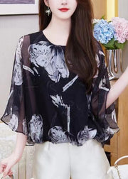 Style Black O-Neck Print Asymmetrical Chiffon Shirt Fall