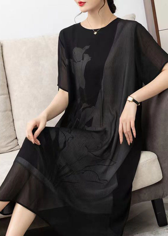 Style Black O Neck Print Patchwork Chiffon Dress Summer