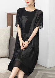 Style Black O Neck Print Patchwork Chiffon Dress Summer