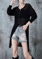 Style Black O-Neck Side Open Knit Long Shirt Fall