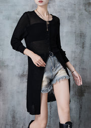 Style Black O-Neck Side Open Knit Long Shirt Fall