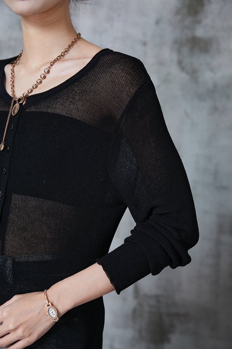 Style Black O-Neck Side Open Knit Long Shirt Fall