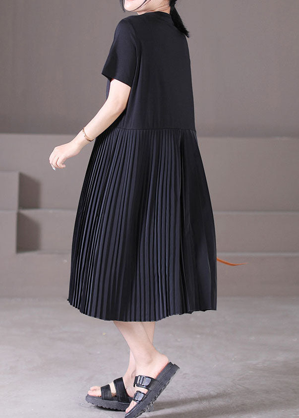 Style Black O-Neck Wrinkled Patchwork Chiffon Pleated Dresses Short Sleeve