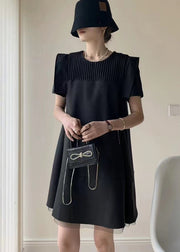 Style Black O Neck Wrinkled Patchwork Cotton Mid Dresses Summer