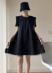 Style Black O Neck Wrinkled Patchwork Cotton Mid Dresses Summer