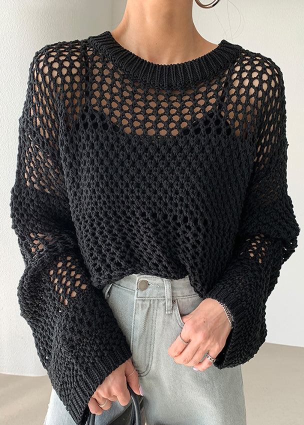 Style Black Oversized Hollow Out Knit Sweaters Spring