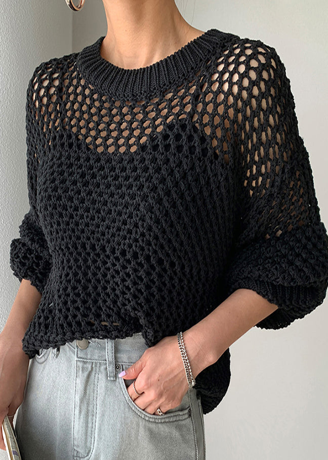 Style Black Oversized Hollow Out Knit Sweaters Spring