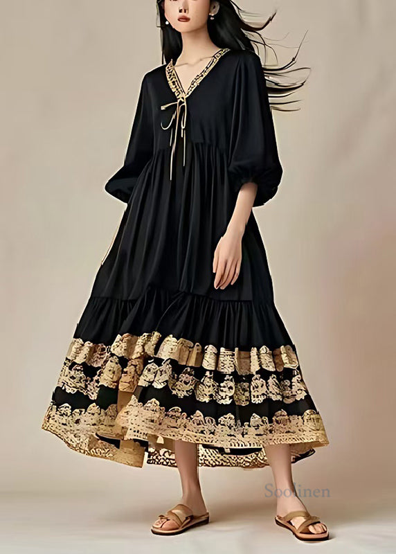 Style Black Oversized Patchwork Lace Cotton Holiday Dress Spring